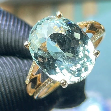 14k Gold 6.42 Ct Natural Aquamarine & Diamond Ring - 2