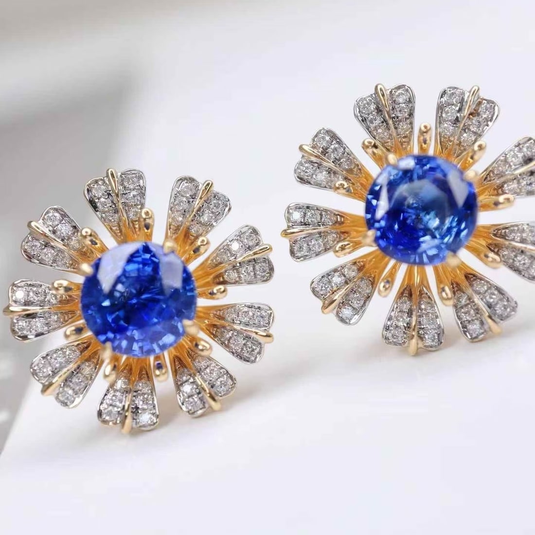 14k Gold 2.57 Ctw Natural Sapphire & Diamond & Flowers Earrings - 2
