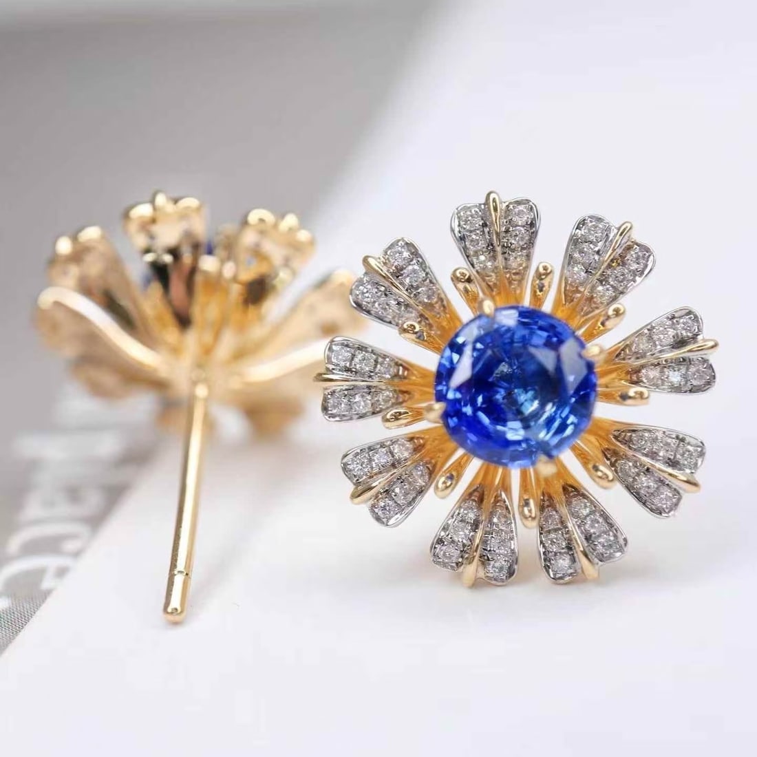 14k Gold 2.57 Ctw Natural Sapphire & Diamond & Flowers Earrings - 3