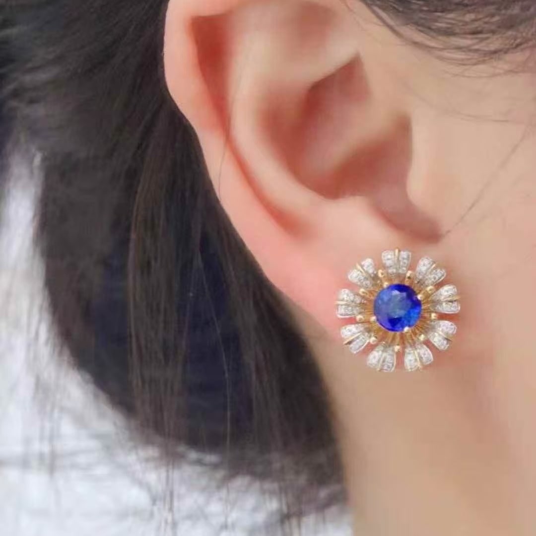 14k Gold 2.57 Ctw Natural Sapphire & Diamond & Flowers Earrings - 4