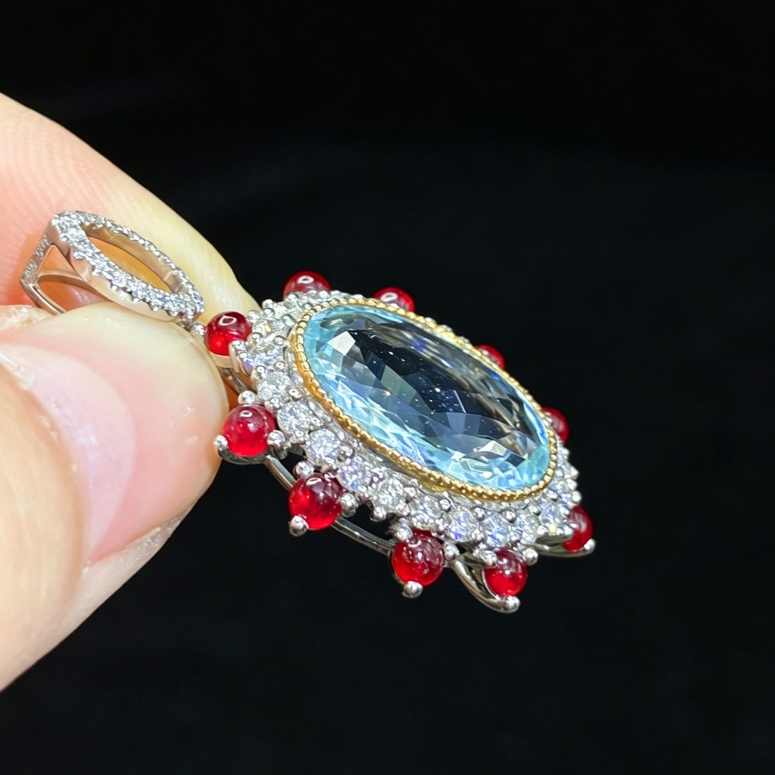 14k Gold 6.18 Ctw Natural Aquamarine & Diamond Pendant( Without Chain ) - 4
