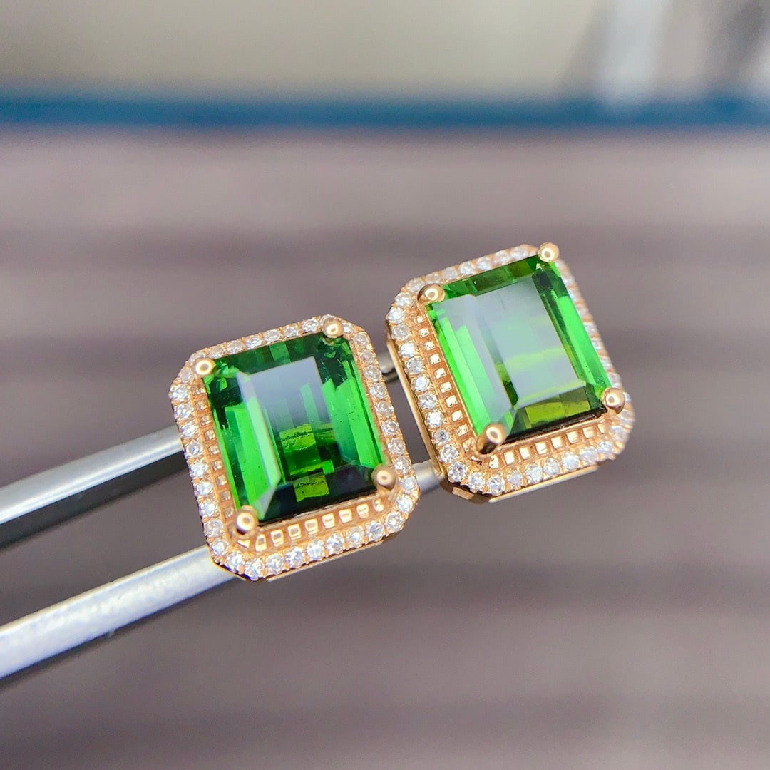 14k Gold 4.5 Ct Natural Tourmaline & Diamond Earrings - 2