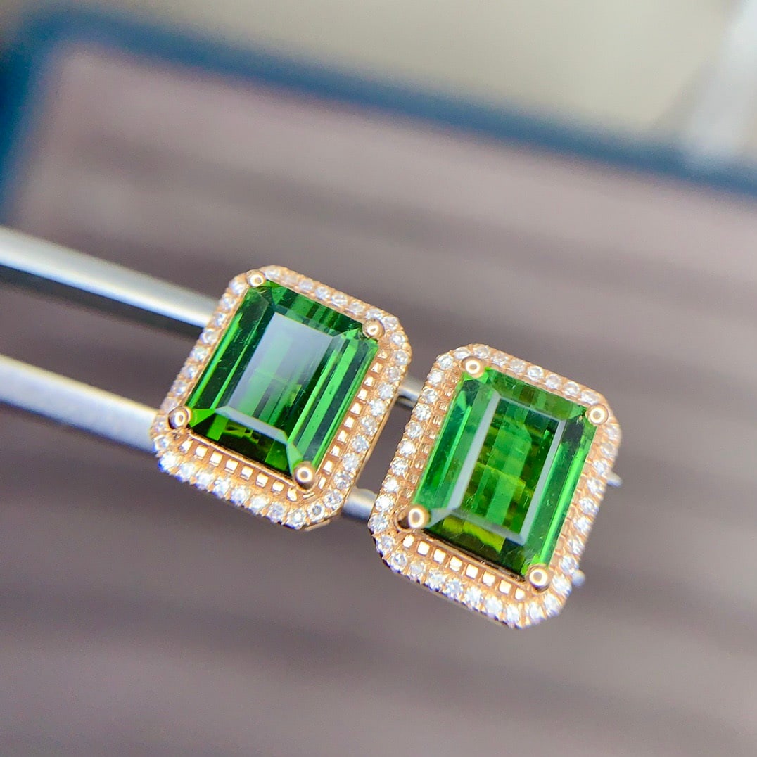 14k Gold 4.5 Ct Natural Tourmaline & Diamond Earrings - 3
