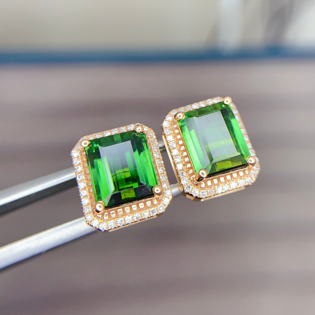 14k Gold 4.5 Ct Natural Tourmaline & Diamond Earrings - 5