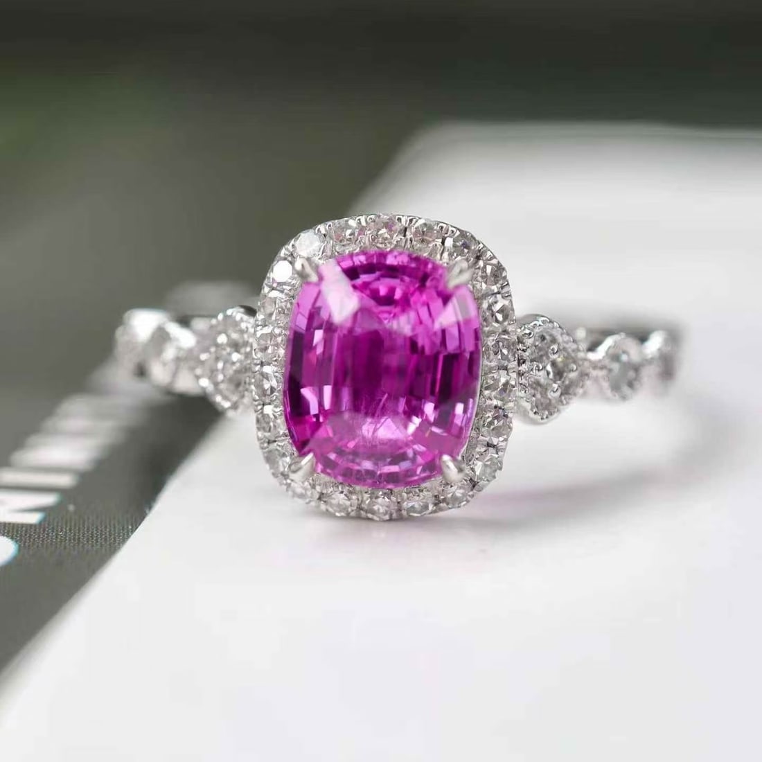 14k Gold 1.24 Ctw Natural Sapphire & Diamond Ring: Ref:231160217 // gold content:14k gold // ring size:7. 25us // // main gemstone:sapphire // shape:cushion // carat weight:1. 11ct // color:purple // treatment:natural // // adjacent gemstone 2 :