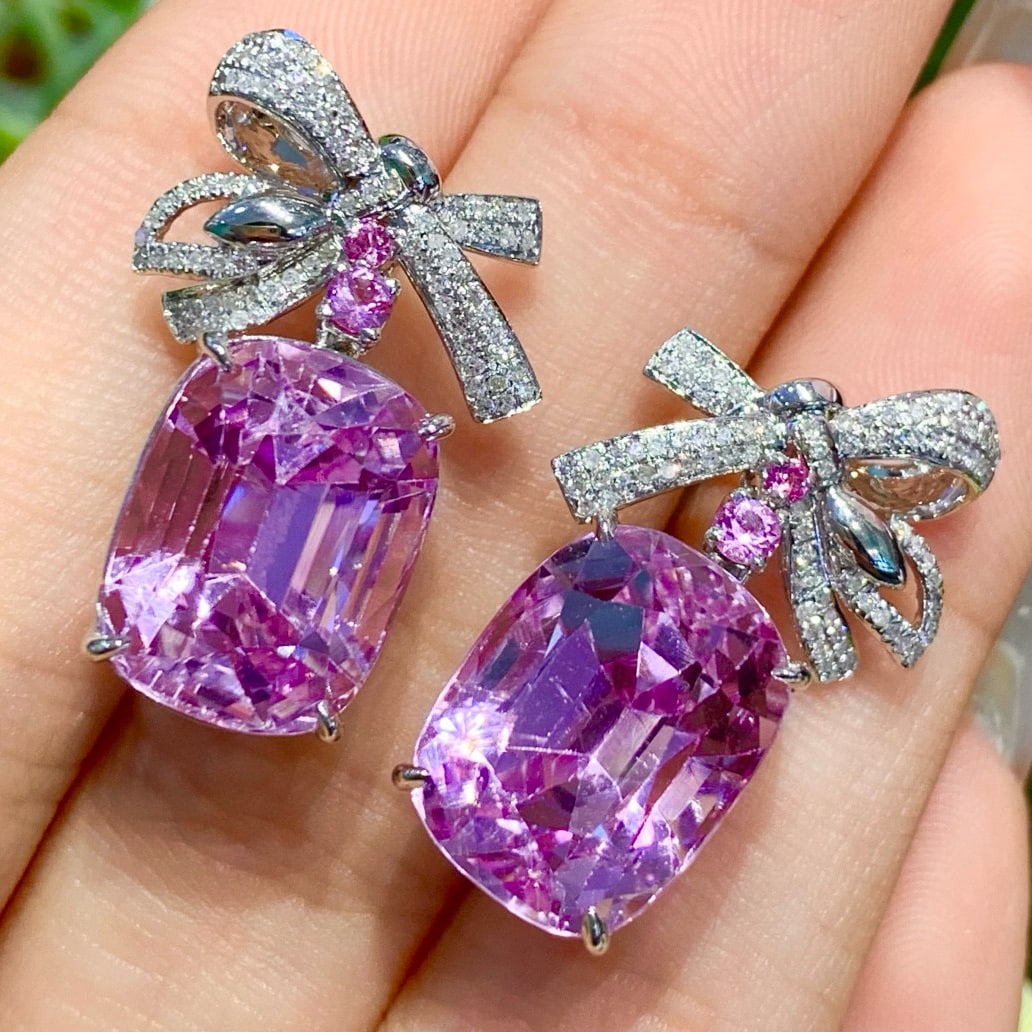 14k Gold 23.8 Ct Natural Kunzite & Diamond Earrings - 2