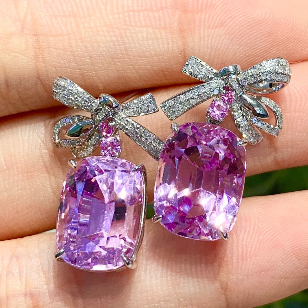 14k Gold 23.8 Ct Natural Kunzite & Diamond Earrings - 4