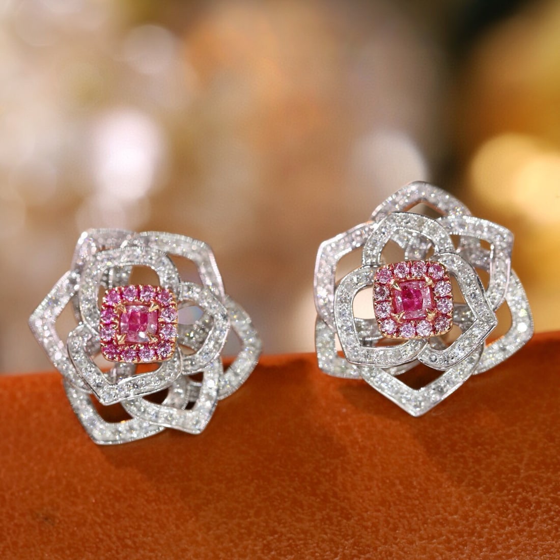 14k Gold 0.80 Ctw Natural Pink Diamond & Diamond & Flowers Earrings - 3