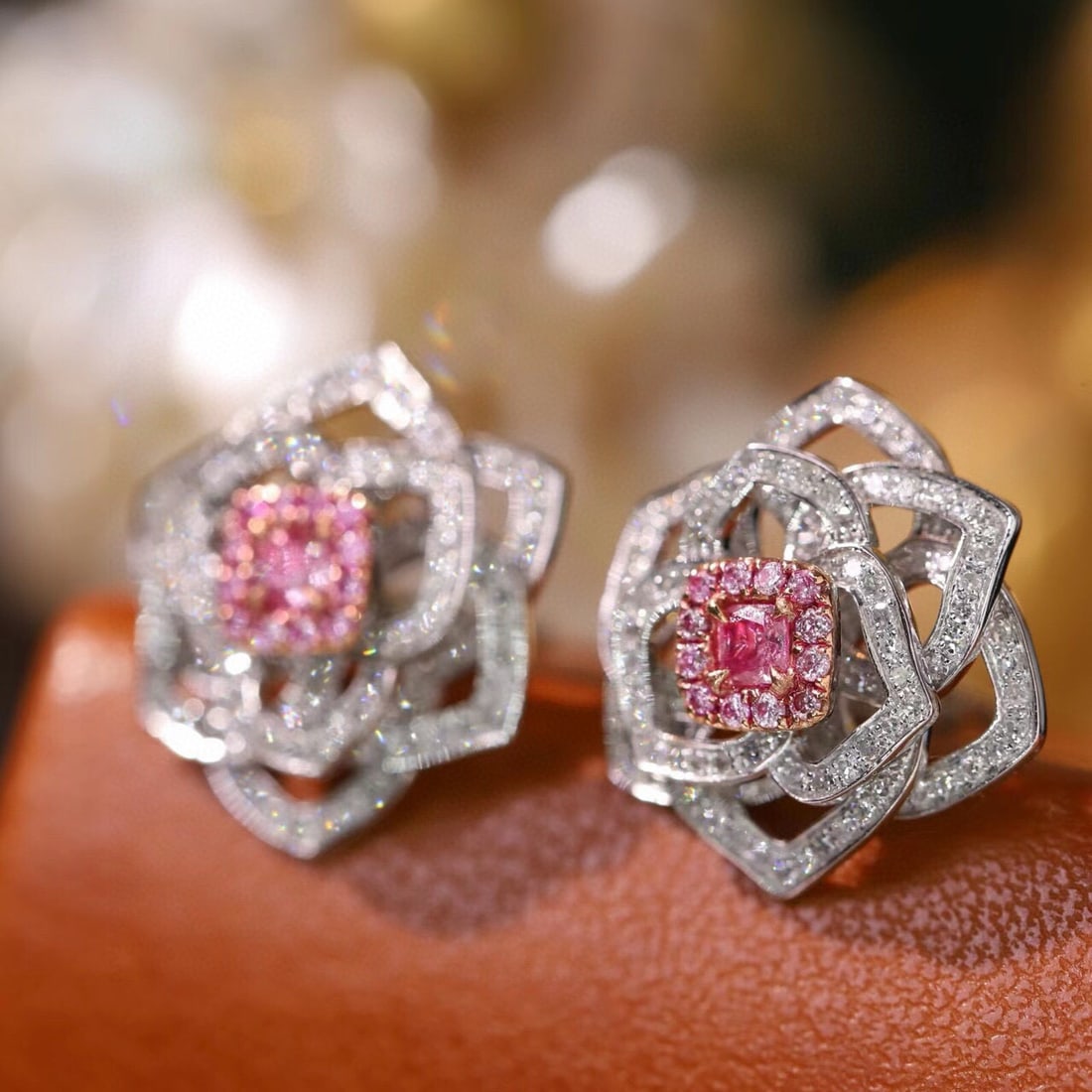 14k Gold 0.80 Ctw Natural Pink Diamond & Diamond & Flowers Earrings - 4