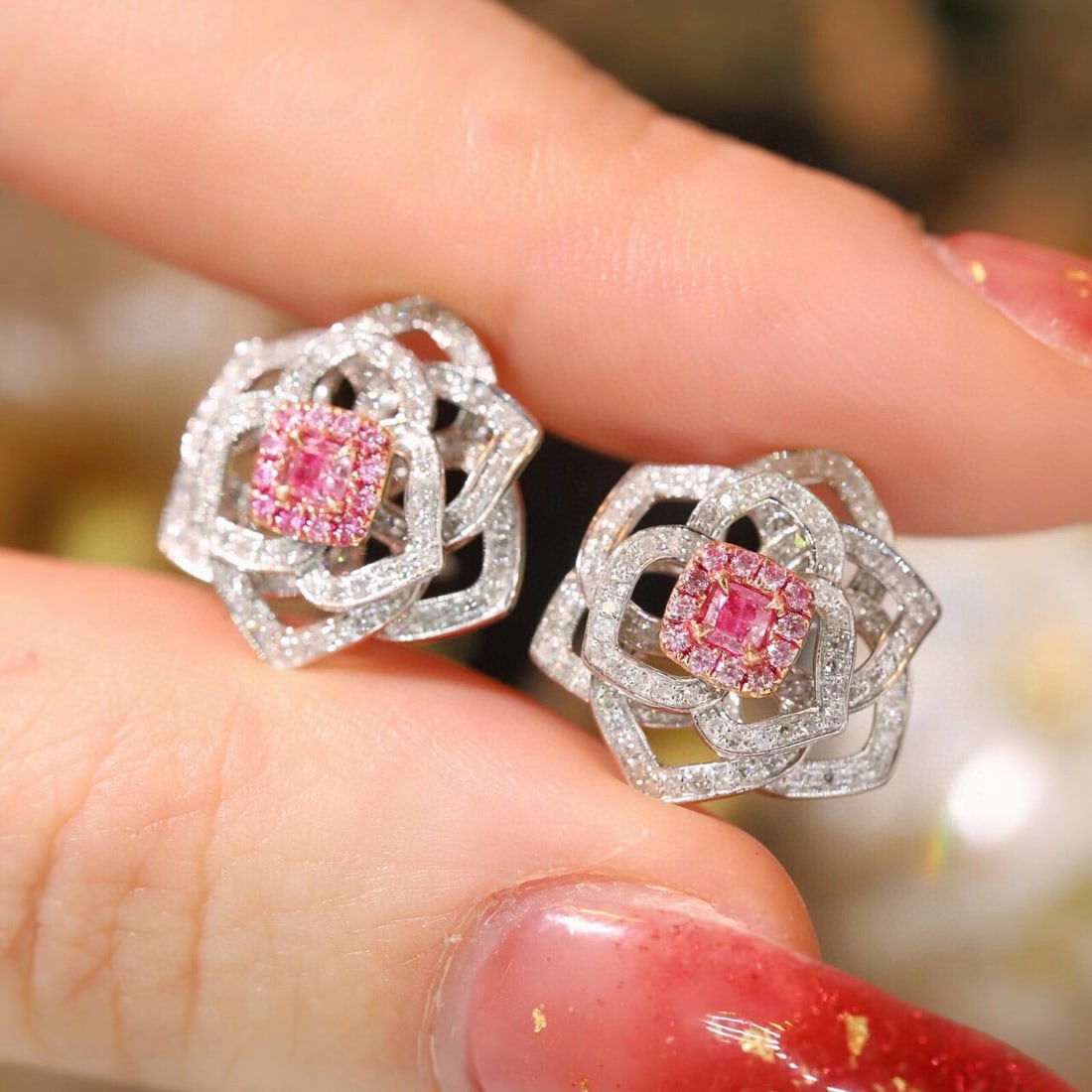 14k Gold 0.80 Ctw Natural Pink Diamond & Diamond & Flowers Earrings - 5