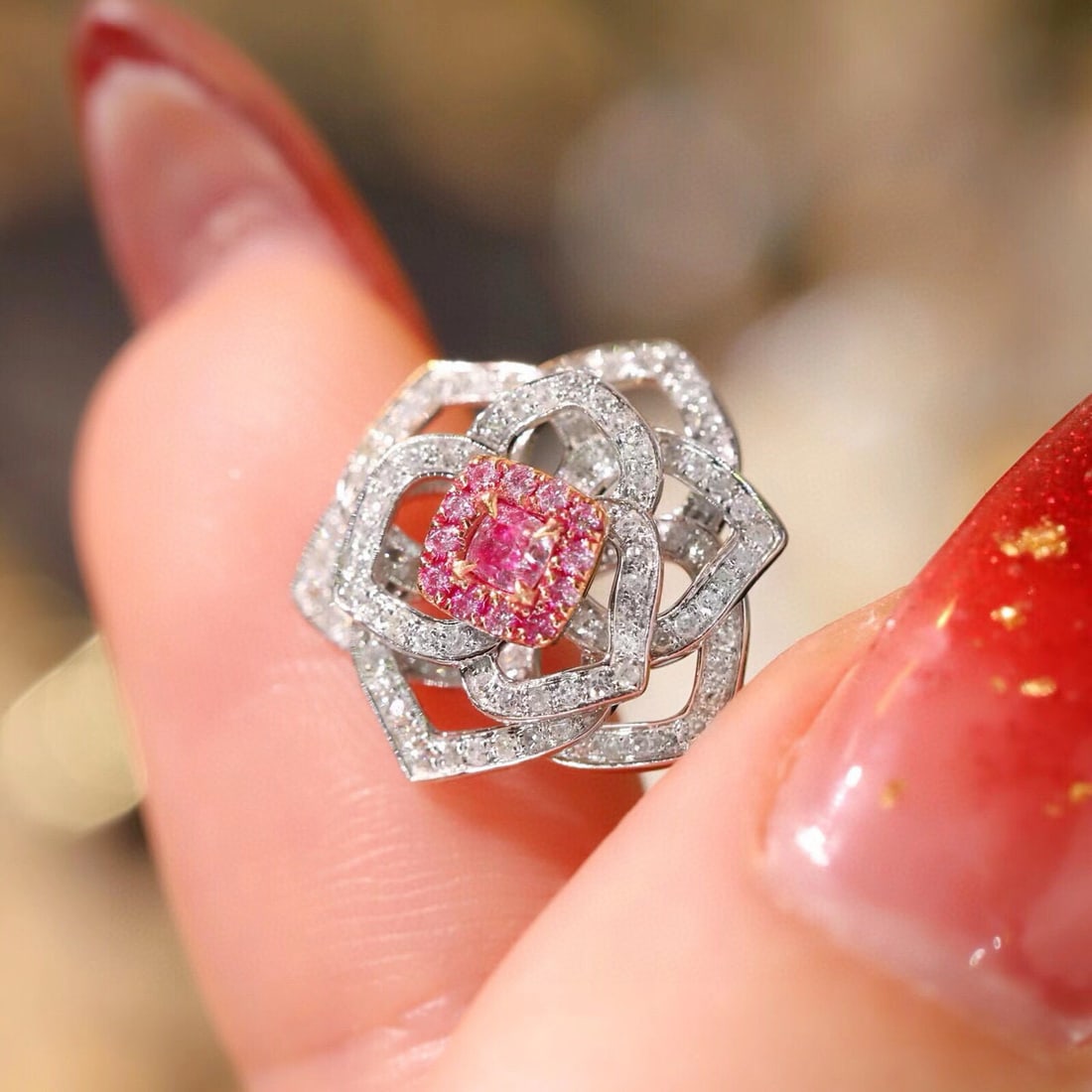 14k Gold 0.80 Ctw Natural Pink Diamond & Diamond & Flowers Earrings - 6
