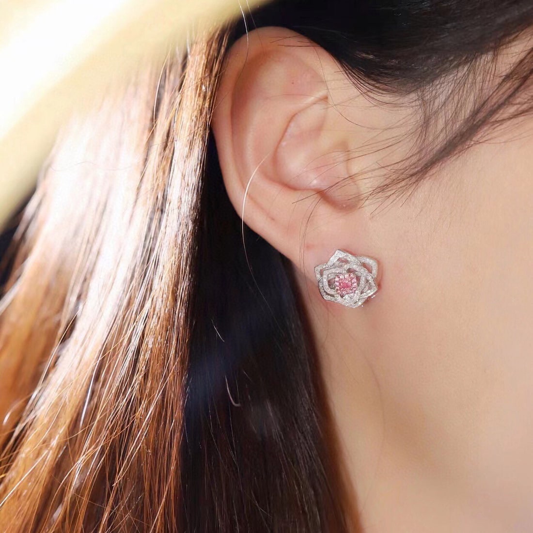 14k Gold 0.80 Ctw Natural Pink Diamond & Diamond & Flowers Earrings - 8