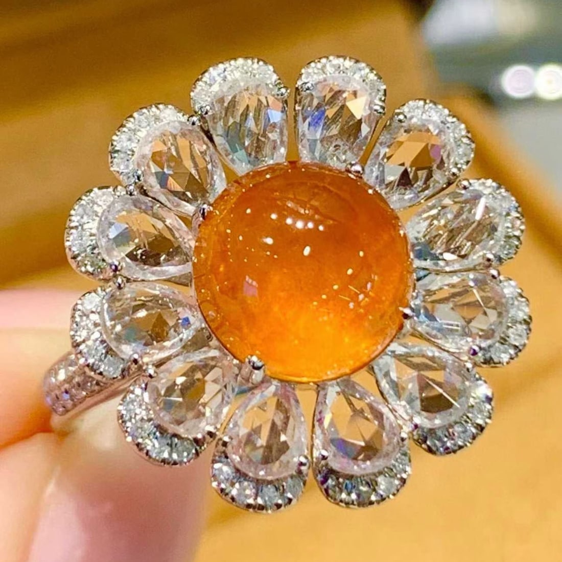 14k Gold 4.55 Ct Natural Spessartine & Diamond & Sapphire Ring: Ref:231160289 // gold content:14k gold // ring size:7. 25us // // main gemstone:spessartine // shape:round // carat weight:4. 55ct // color:orange // treatment:natural // cut grade:g // // adjacent