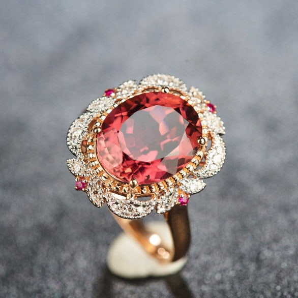 14k Gold 3.93 Ct Natural Tourmaline & Diamond & Ruby Ring - 7