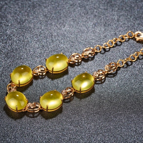 14k Gold 22.5 Ct Natural Prehnite & Diamond Bracelet - 3