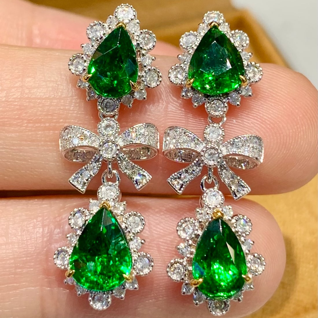 14k Gold 4.2 Ct Vivid Green Natural Tsavorite & Diamond Earrings - 2