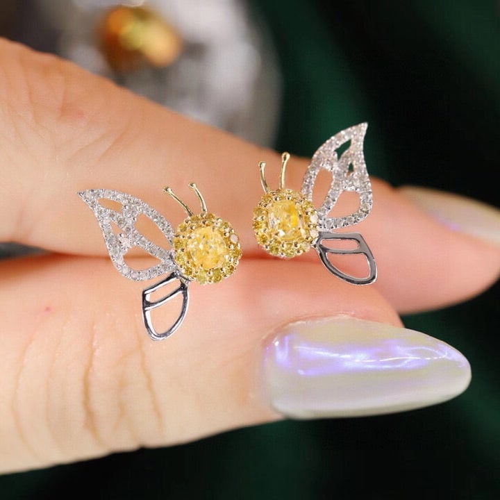 14k Gold 0.70 Ctw Natural Yellow Diamond & Diamond & Butterfly Earrings - 4