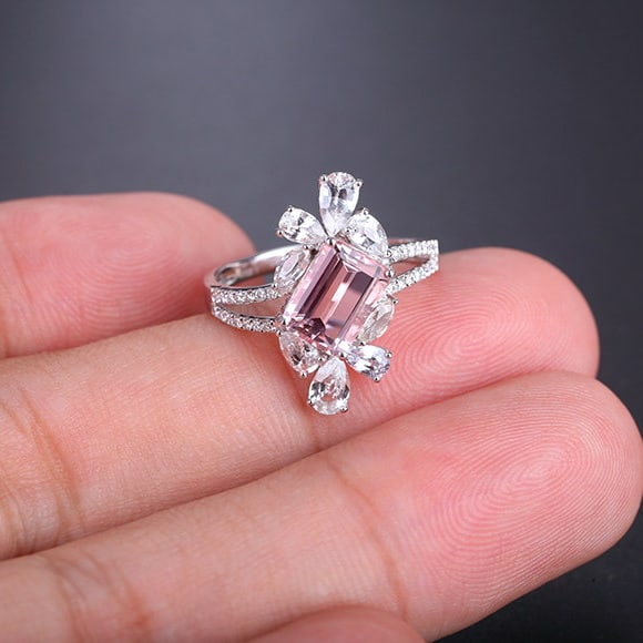 14k Gold 2.82 Ctw Natural Morganite & Sapphire Ring - 5