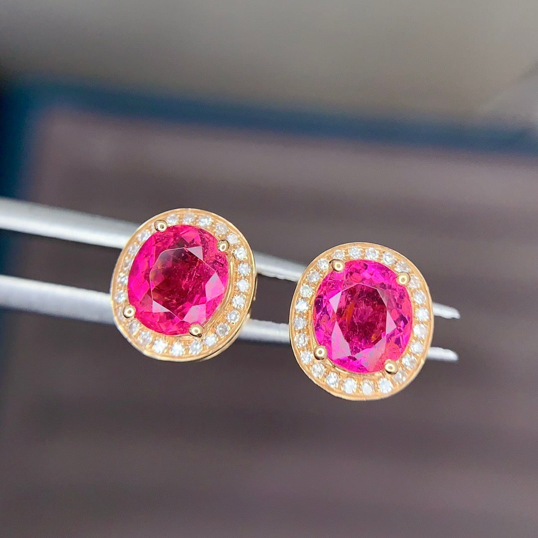 14k Gold 1.8 Ct Natural Tourmaline & Diamond Earrings - 7
