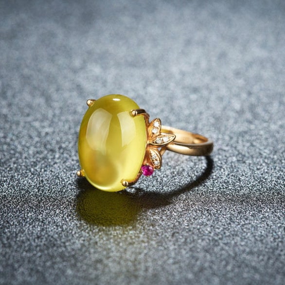14k Gold 7.2 Ct Natural Prehnite & Diamond & Ruby Ring - 2