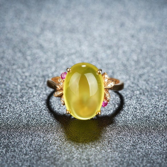 14k Gold 7.2 Ct Natural Prehnite & Diamond & Ruby Ring - 7