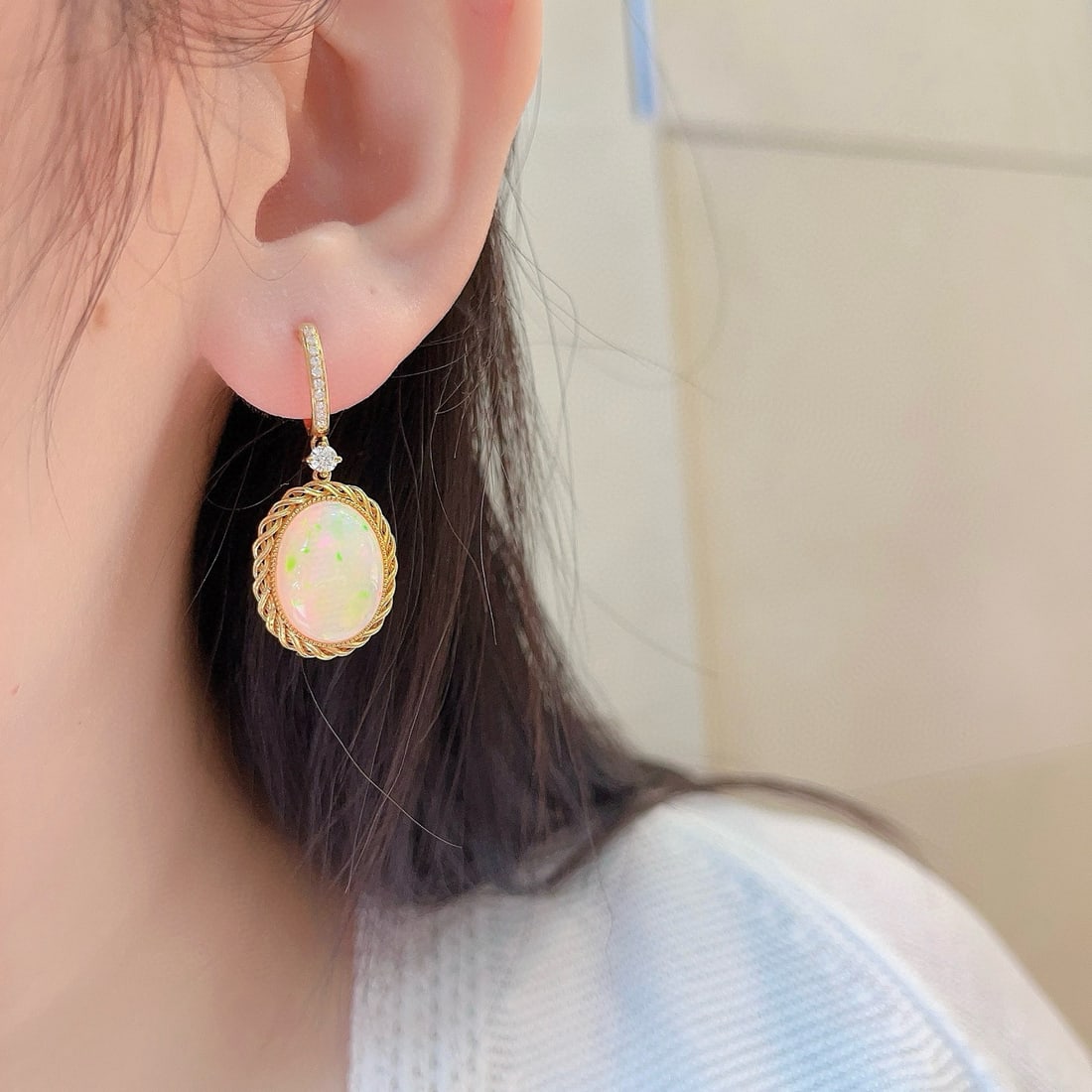 14k Gold 8.56 Ctw Natural Opal & Diamond Earrings - 2