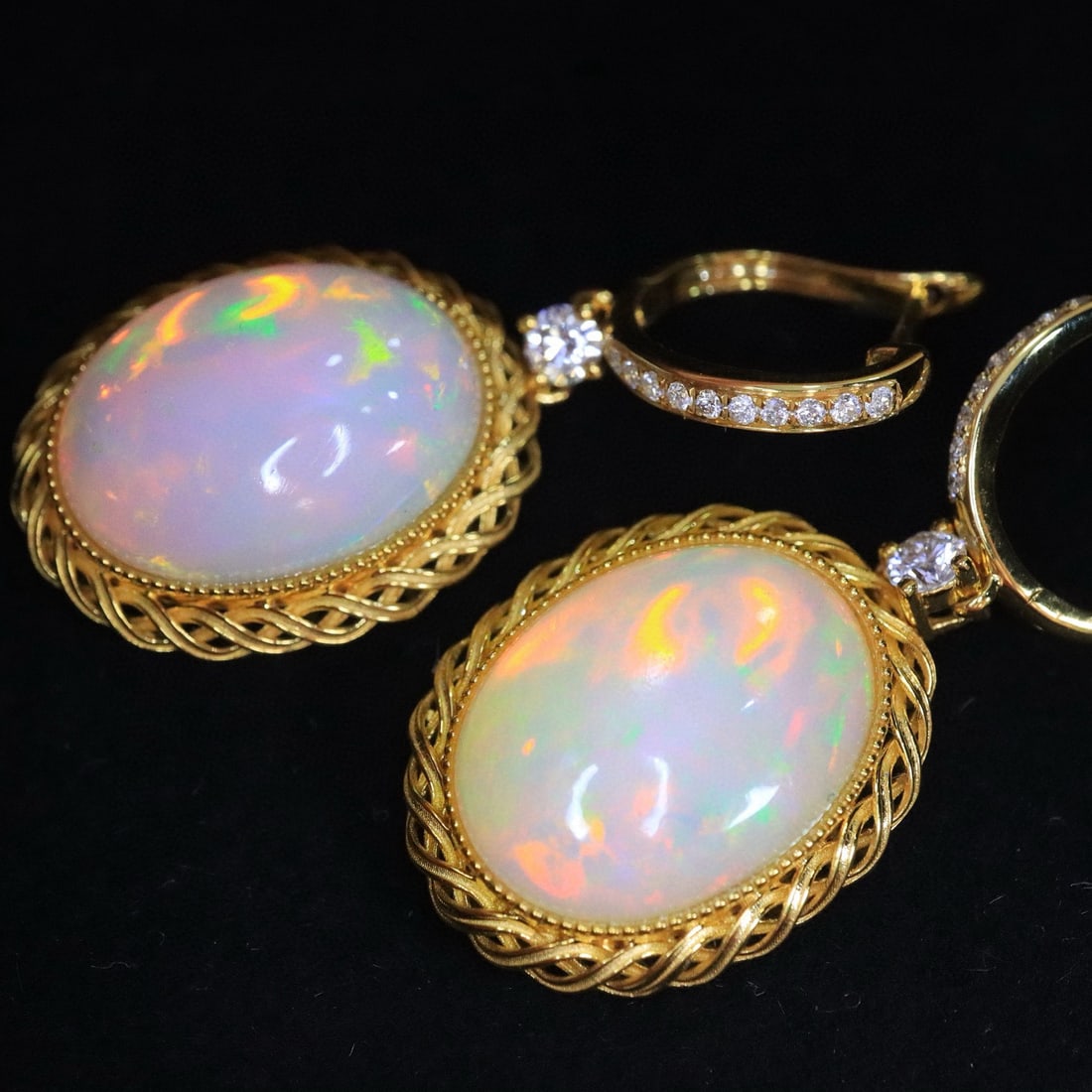 14k Gold 8.56 Ctw Natural Opal & Diamond Earrings - 4