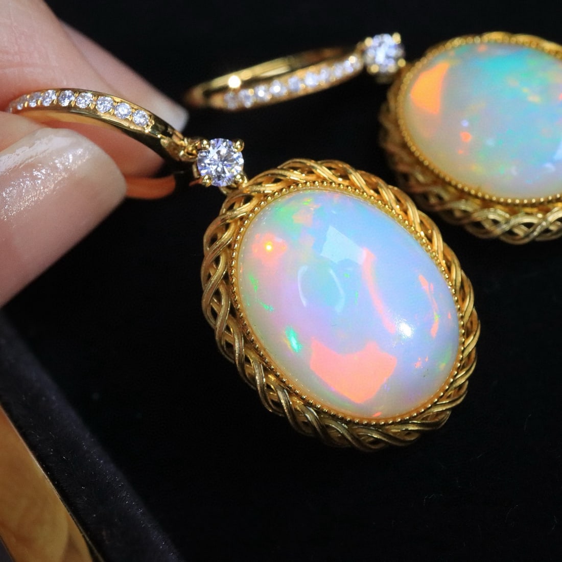 14k Gold 8.56 Ctw Natural Opal & Diamond Earrings - 5