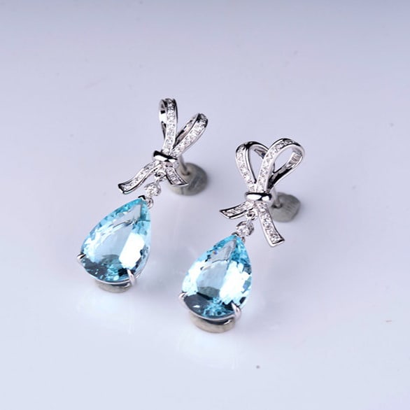 14k Gold 6.14 Ct Natural Aquamarine & Diamond Earrings - 3