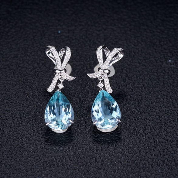 14k Gold 6.14 Ct Natural Aquamarine & Diamond Earrings - 4
