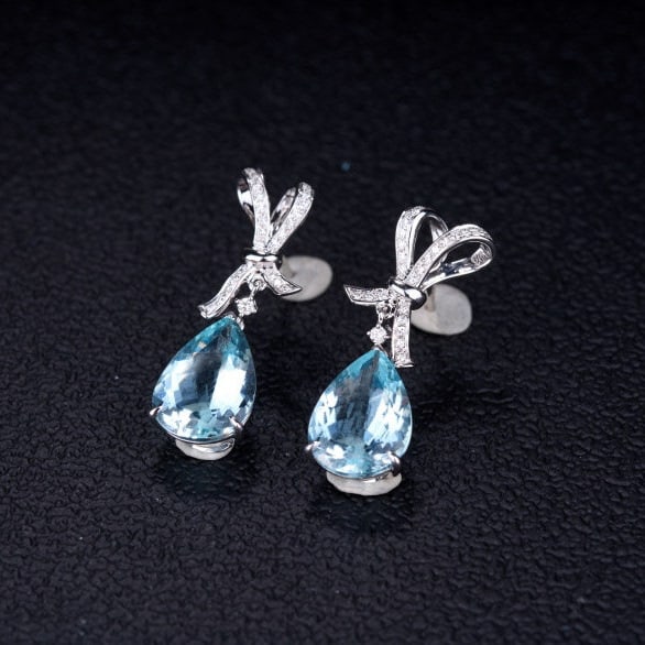 14k Gold 6.14 Ct Natural Aquamarine & Diamond Earrings - 6