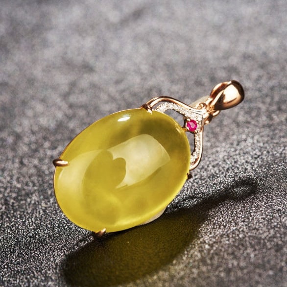 14k Gold 23.66 Ct Natural Prehnite & Diamond & Ruby Pendant( Without Chain ) - 7