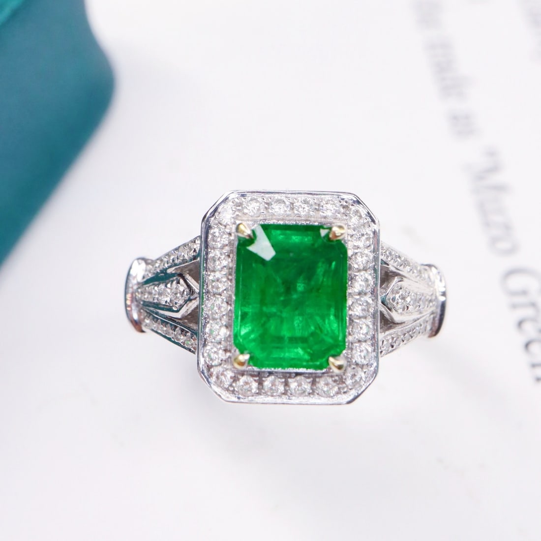 14k Gold 1.95 Ctw Vivid Green Natural Emerald & Diamond Ring: Ref:231160439 // gold content:14k gold // ring size:7. 25us // // main gemstone:emerald // shape:octagonal // carat weight:1. 60ct // color:vivid green // treatment:natural // // adjacent gemstone 2