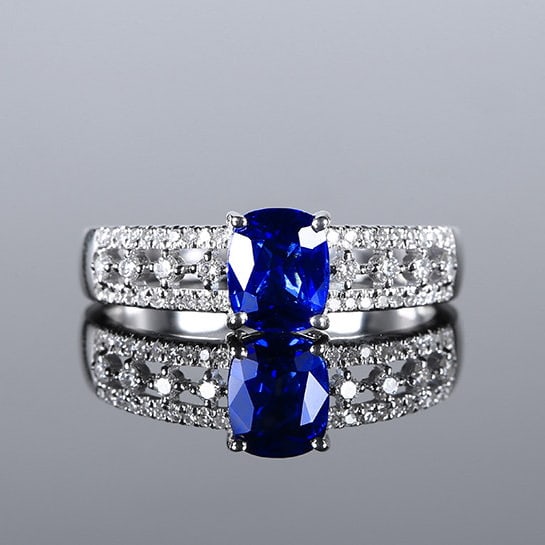 14k Gold 1.39 Ctw Natural Sapphire & Diamond Ring: Ref:231160441 // gold content:14k gold // ring size:7. 25us // // main gemstone:sapphire // shape:cushion // carat weight:1. 18ct // color:blue // treatment:natural // // adjacent gemstone 2 :