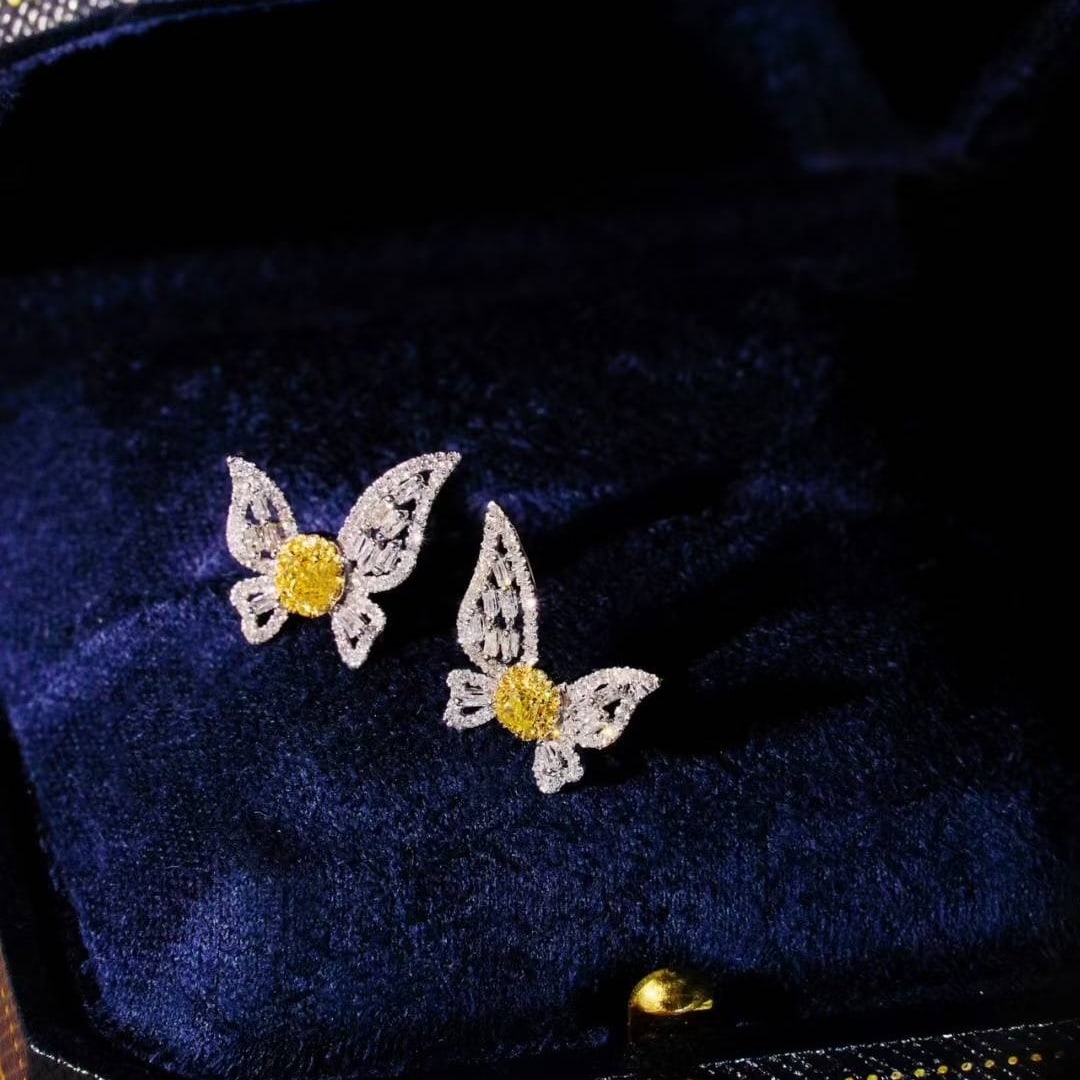 14k Gold 0.86 Ct Natural Yellow Diamond & Diamond Butterfly Earrings - 2