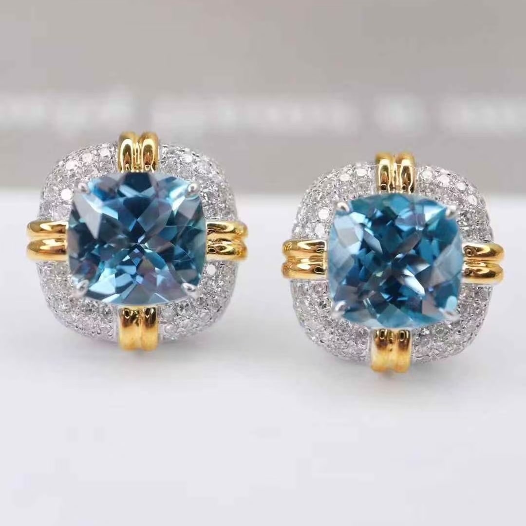14k Gold 2.58 Ctw Natural Aquamarine & Diamond Earrings: Ref:230947054 // gold content:14k gold // main gemstone:yellow diamond // shape:cushion // carat weight:0. 42ct // color:yellow // treatment:natural // // adjacent gemstone 2 : diamond // shape:round