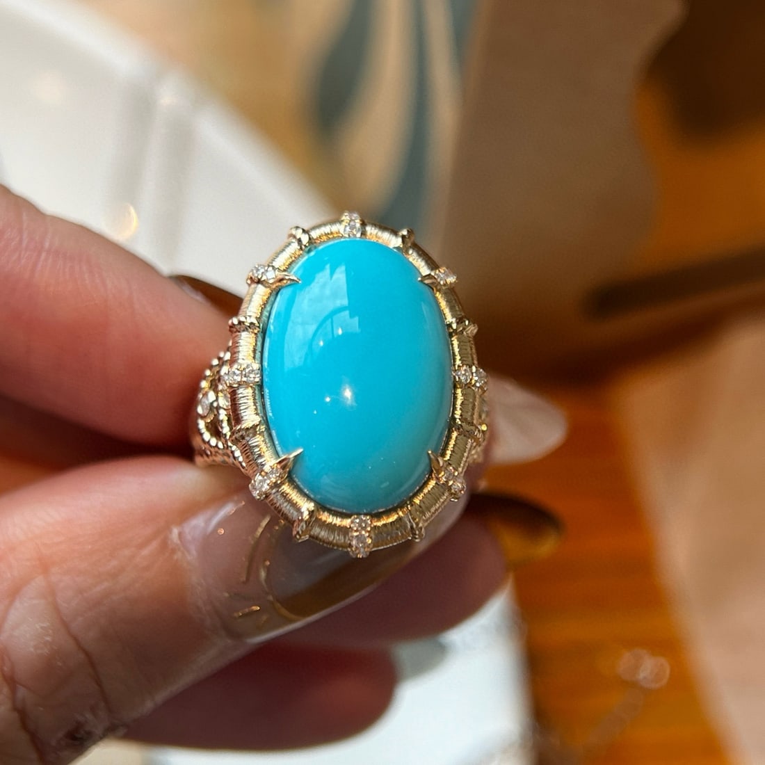 14k Gold 8.34 Ctw Natural Blue Turquoise & Diamond Ring: Ref:230947057 // gold content:14k gold // ring size:7. 25us // // main gemstone:pink diamond // shape:pear // carat weight:0. 1ct // color:pink // treatment:natural // // adjacent gemstone 2 :