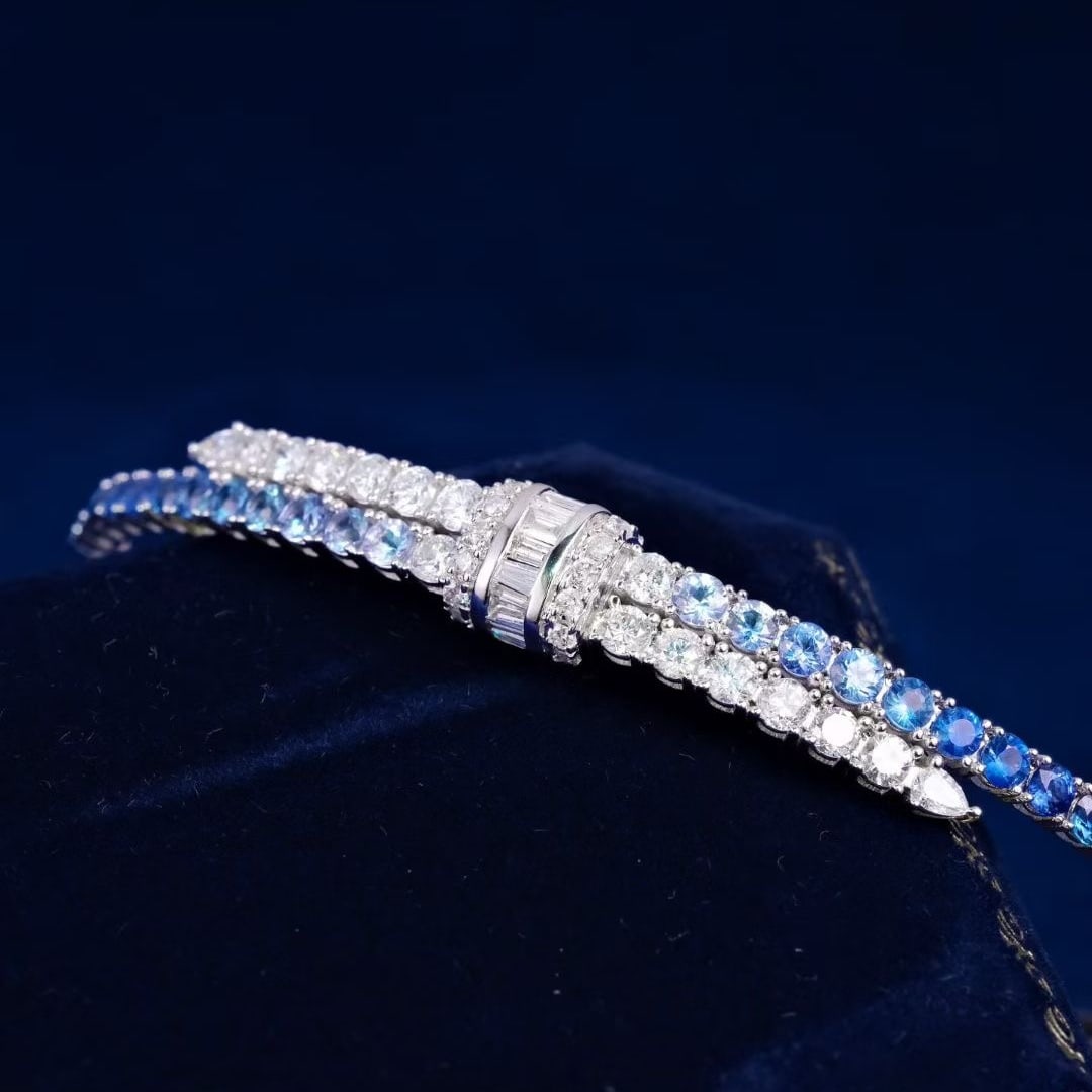 14k Gold 3.25 Ctw Natural Sapphire & Diamond Bangle - 2