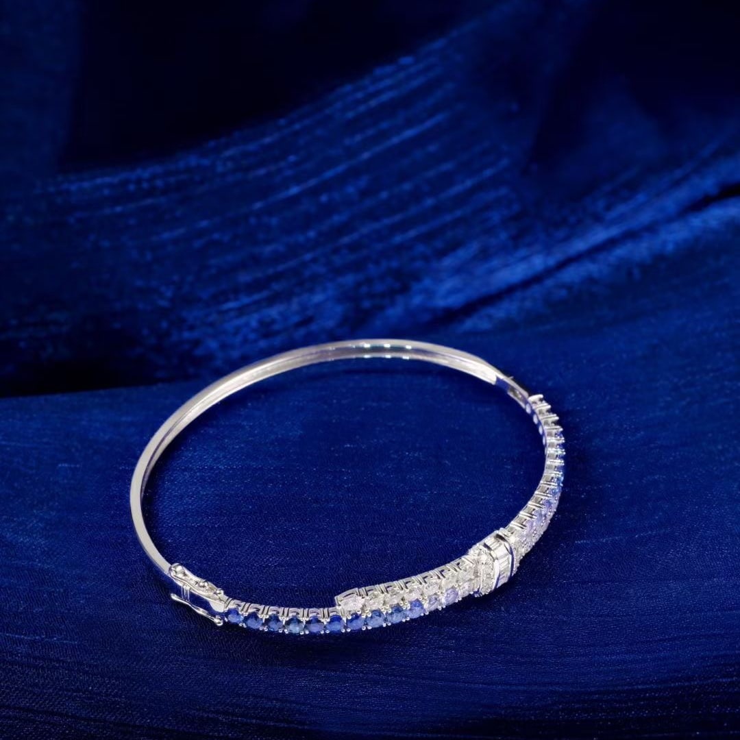 14k Gold 3.25 Ctw Natural Sapphire & Diamond Bangle - 3