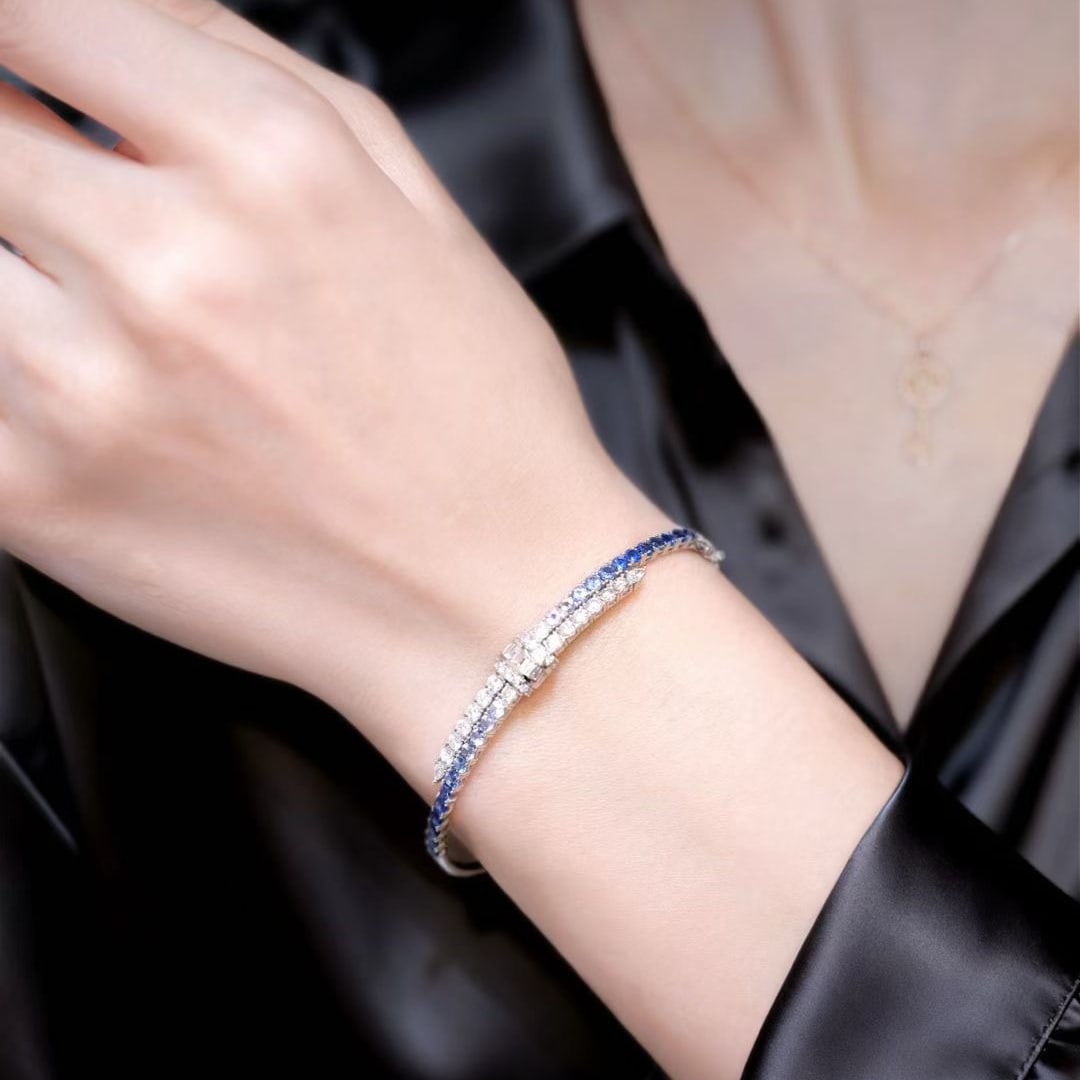 14k Gold 3.25 Ctw Natural Sapphire & Diamond Bangle - 5