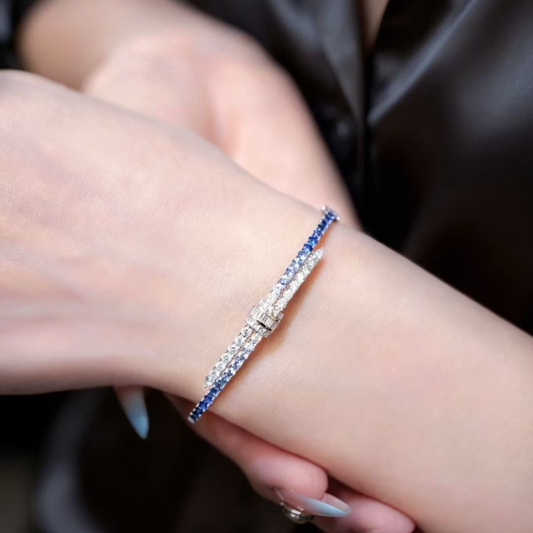14k Gold 3.25 Ctw Natural Sapphire & Diamond Bangle - 6