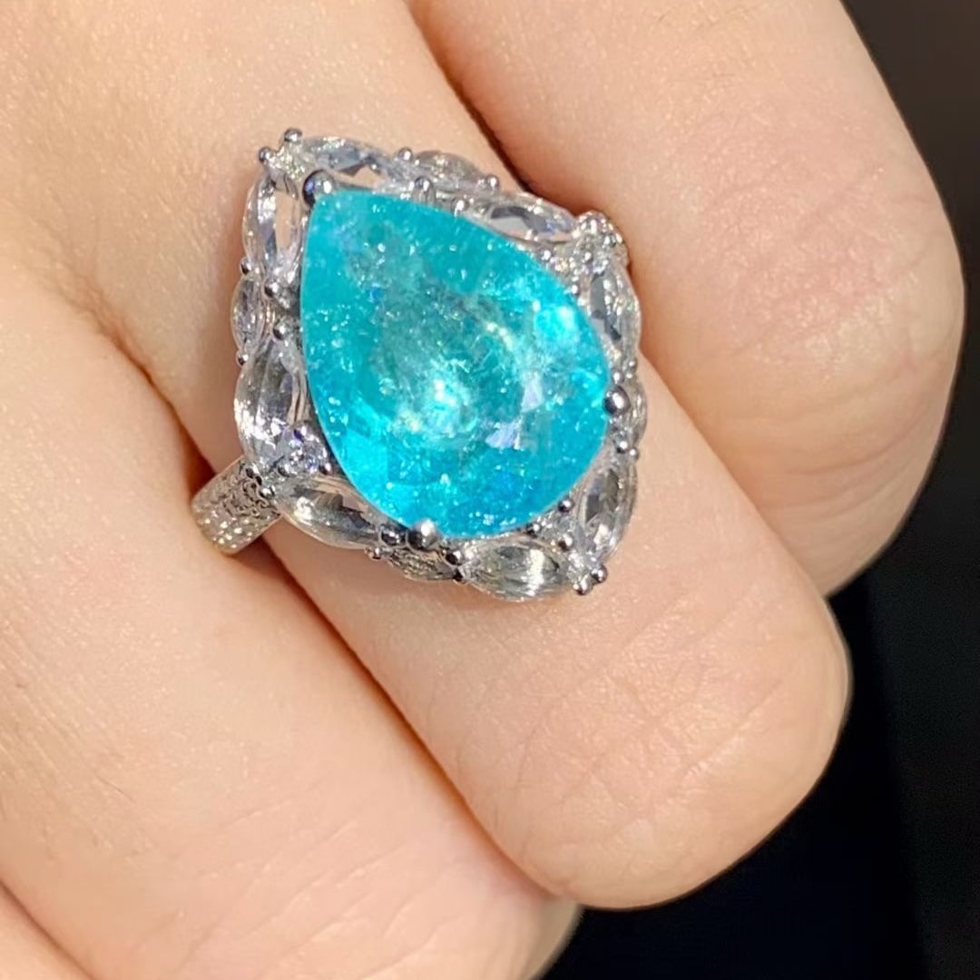 14k Gold 4.5 Ct Natural Paraiba Tourmaline & Sapphire & Diamond Ring - 2