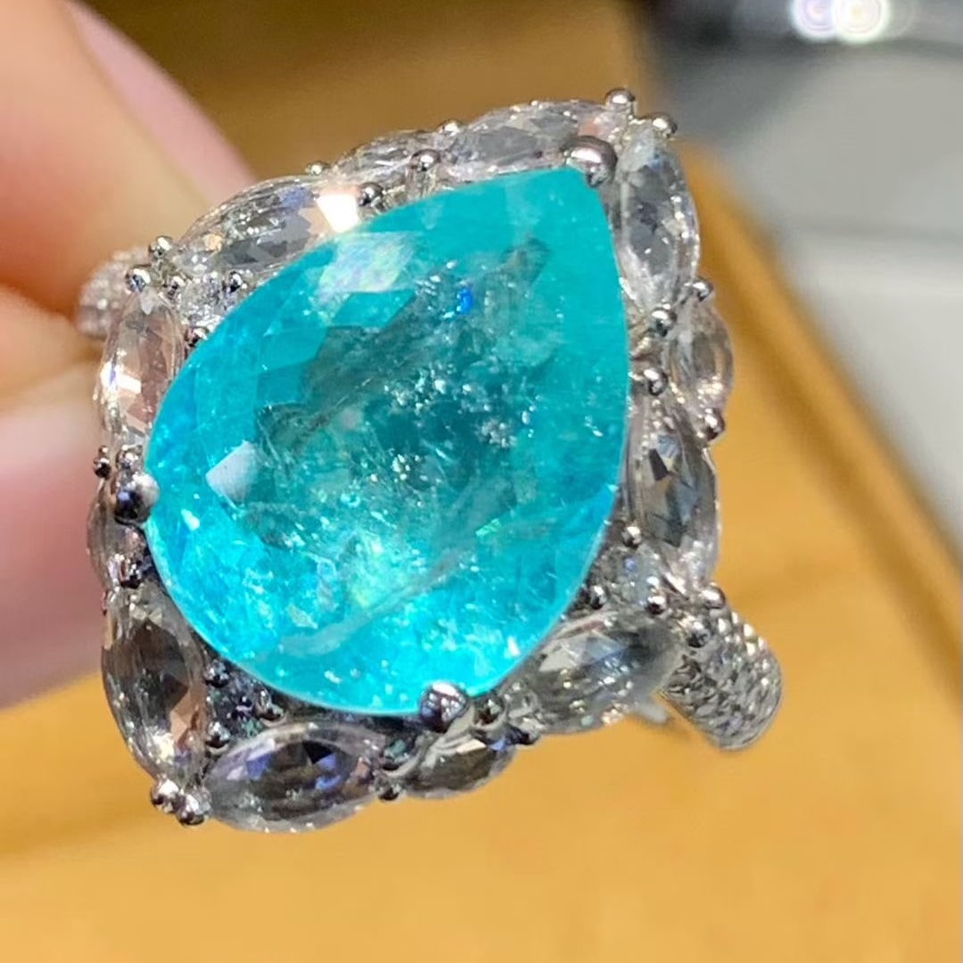 14k Gold 4.5 Ct Natural Paraiba Tourmaline & Sapphire & Diamond Ring - 6