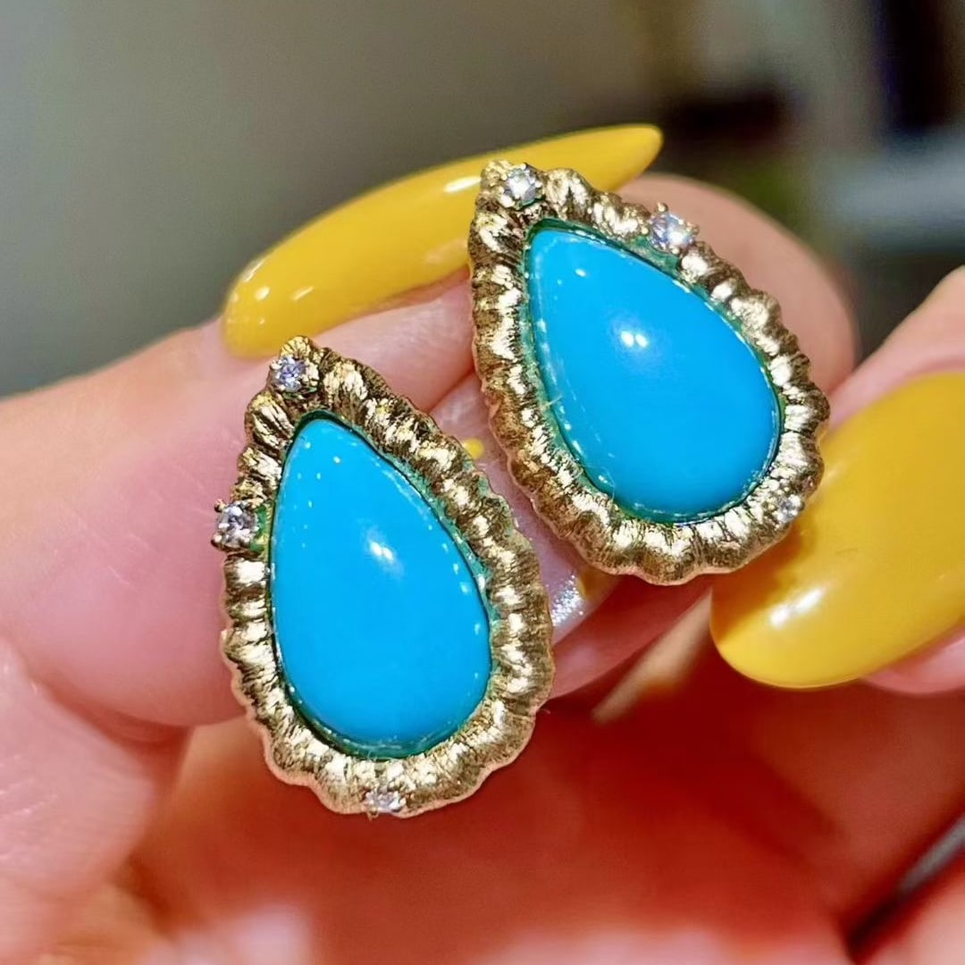 14k Gold 5.10 Ctw Natural Blue Turquoise & Diamond Earrings - 2