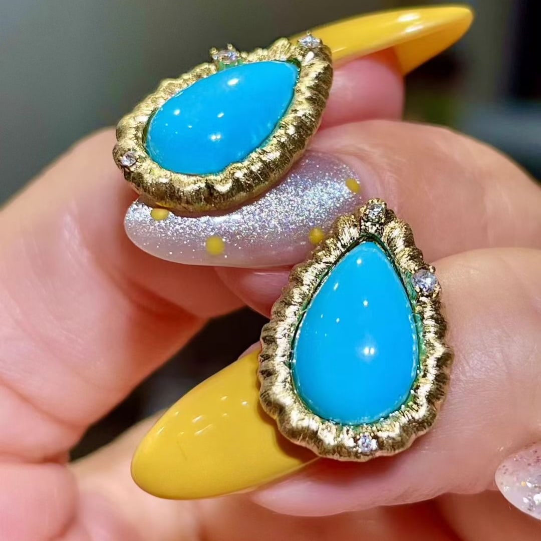 14k Gold 5.10 Ctw Natural Blue Turquoise & Diamond Earrings - 3