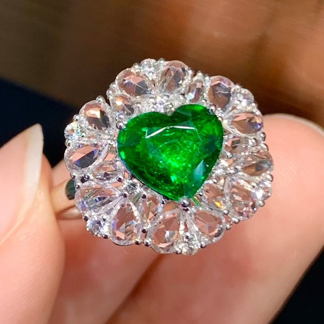 14k Gold 1.6 Ct Vivid Green Natural Tsavorite & Sapphire & Diamond Ring: Ref:230947126 // gold content:14k gold // main gemstone:diamond // shape:multiply // carat weight:1ct // clarity grade:vs-si // color:h // treatment:natural // Condition: New Low Estimate: 4200.00