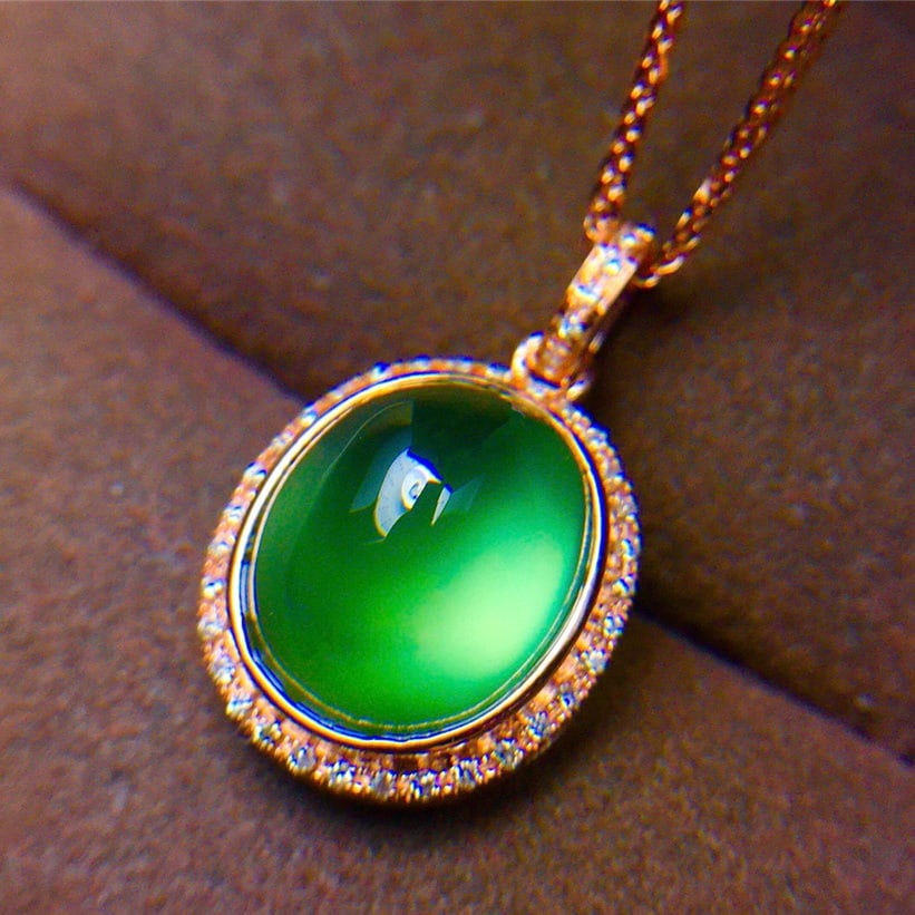 14k Gold 6.3 Ct Natural Prehnite & Diamond Pendant( Without Chain ) - 2