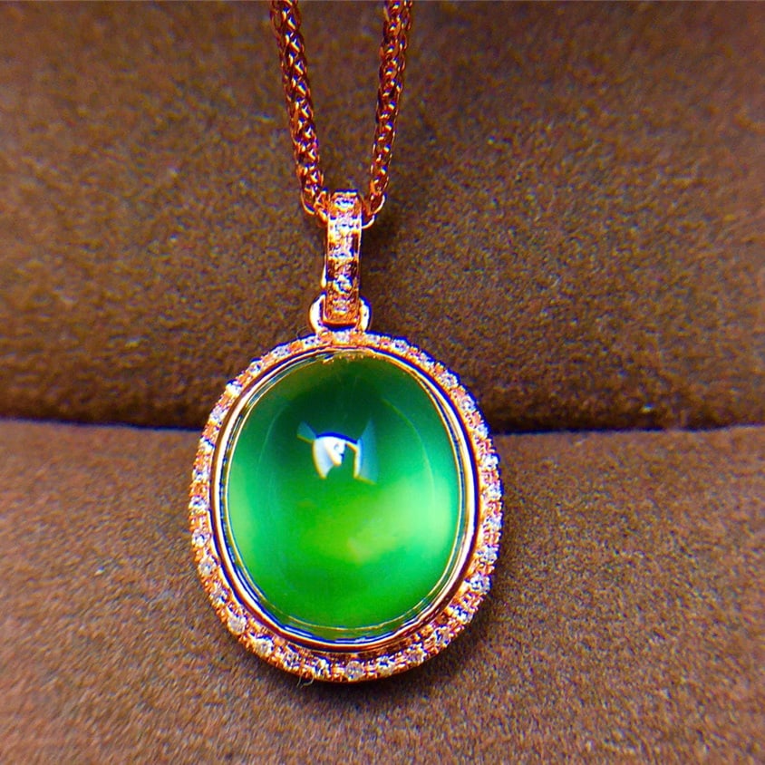 14k Gold 6.3 Ct Natural Prehnite & Diamond Pendant( Without Chain ) - 4