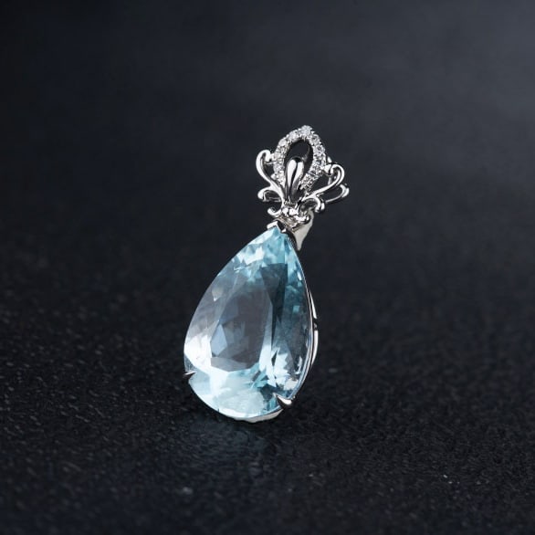 14k Gold 5.9 Ct Natural Aquamarine & Diamond Pendant( Without Chain ) - 7