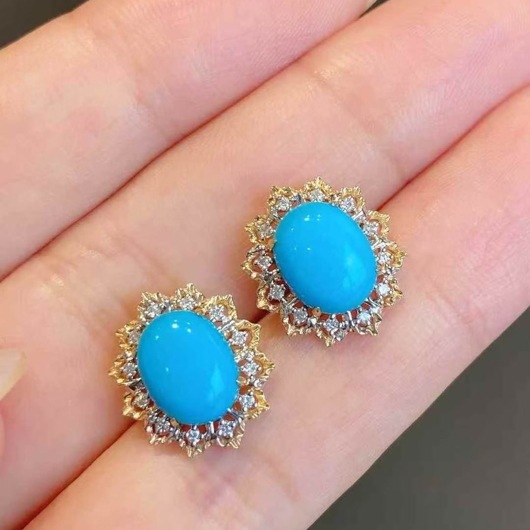 14k Gold 3.96 Ctw Natural Blue Turquoise & Diamond Earrings: Ref:230947205 // gold content:14k gold // main gemstone:diamond // shape:round // carat weight:0. 31ct // clarity grade:vs-si // color:h // treatment:natural // cut grade:g // // adjacent gemstone 2